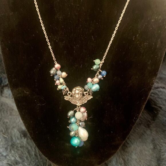 VINTAGE UNWORN STERLING SILVER CHERUB ANGEL  MULTI PEARL NECKLACE - Picture 8 of 10